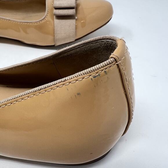 Tory Burch Trudy Flat Tan Patent Leather 7.5 Ballet Bow Logo Classic Neutral - Picture 11 of 16